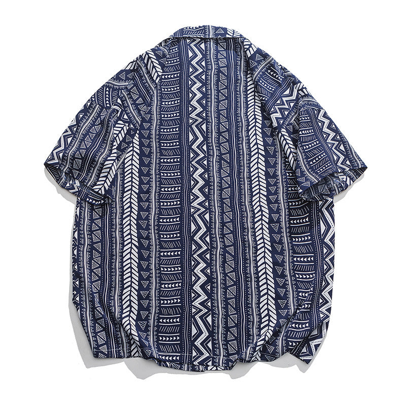 Men & Women Trendy Vintage Stripe Printing Lapel Short Sleeve