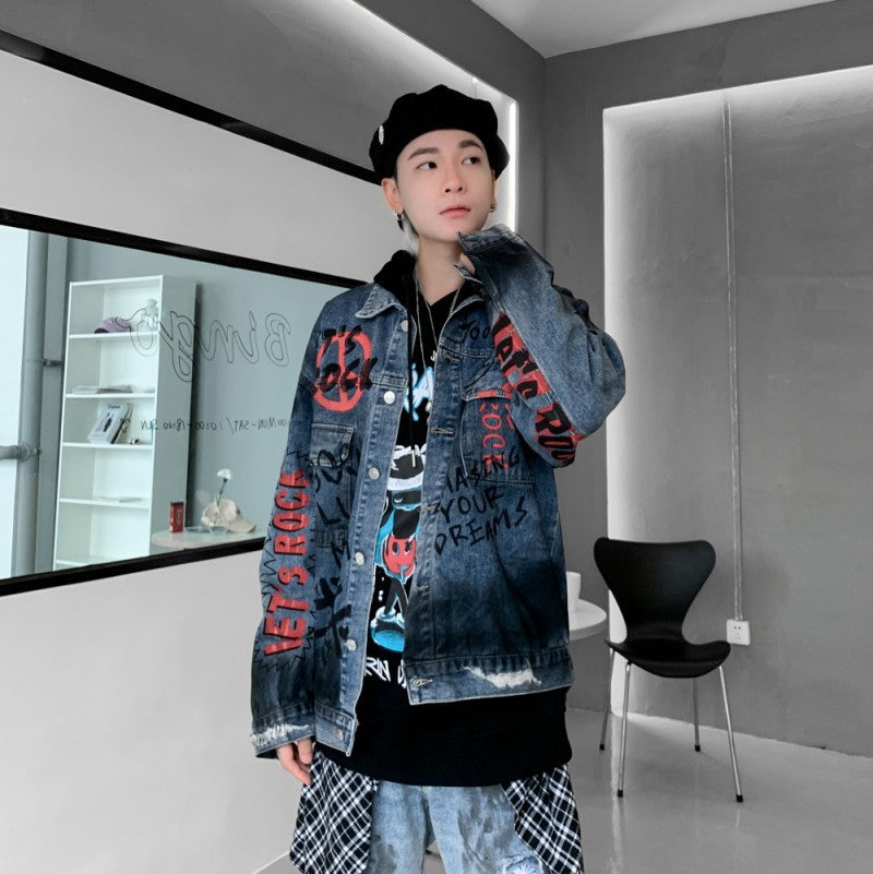 Loose Denim Shirt Men Thickened Tide Brand Scratched Hole Jacket Jacket Women