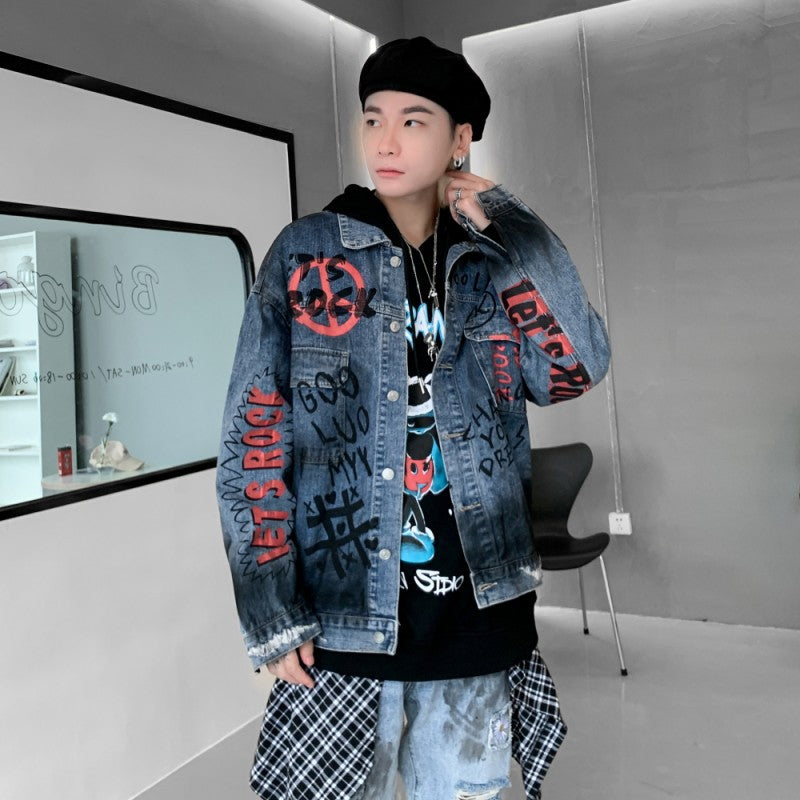 Loose Denim Shirt Men Thickened Tide Brand Scratched Hole Jacket Jacket Women