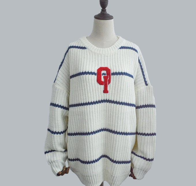 Korean Casual Autumn Women Men Sweater Oversized O Neck Striped Long Sleeve Female Pullover Knitted Tops Thick Warm Sweaters New